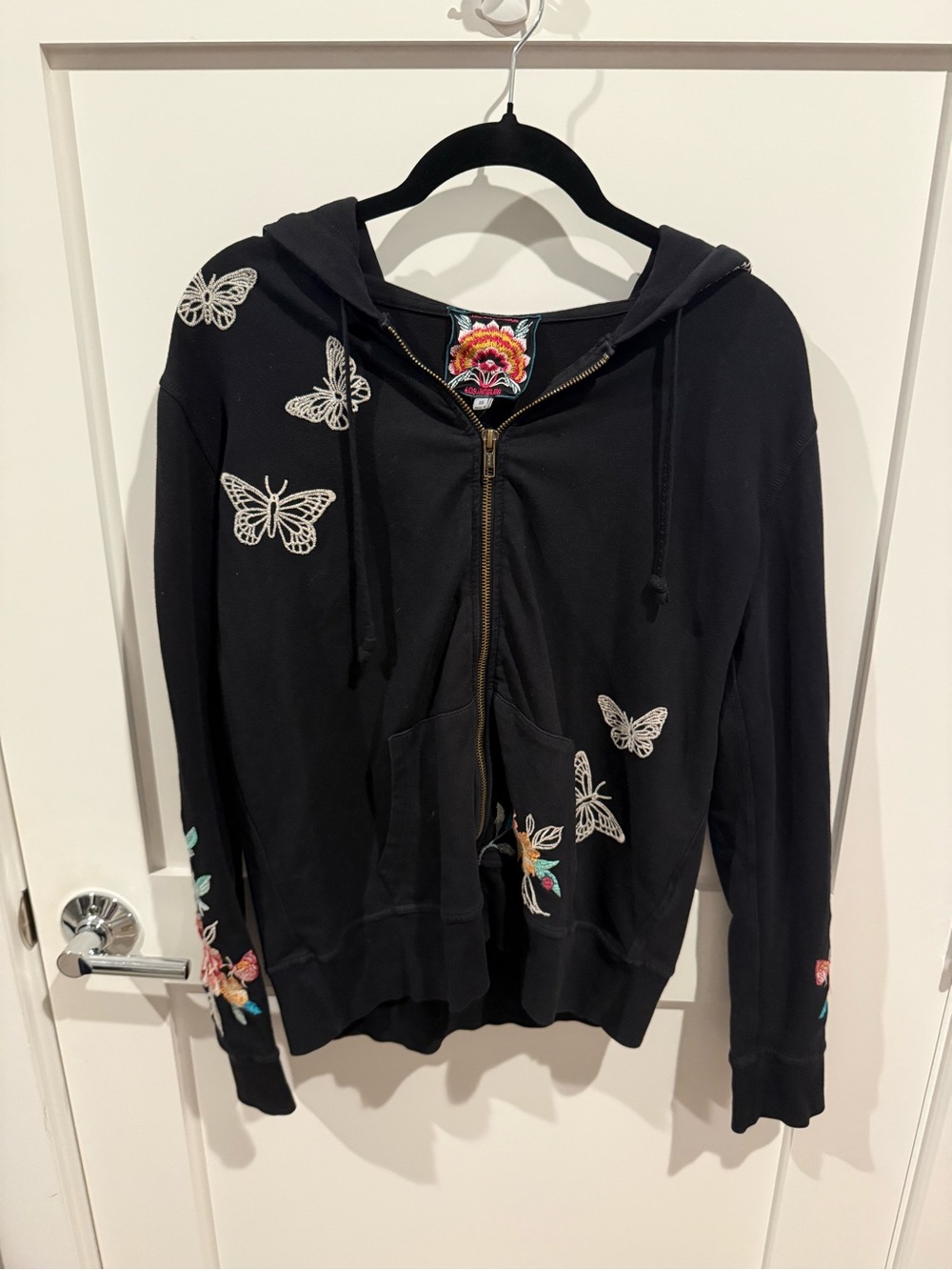 Johnny Was Black Embroidered Butterfly Zip Hoodie
